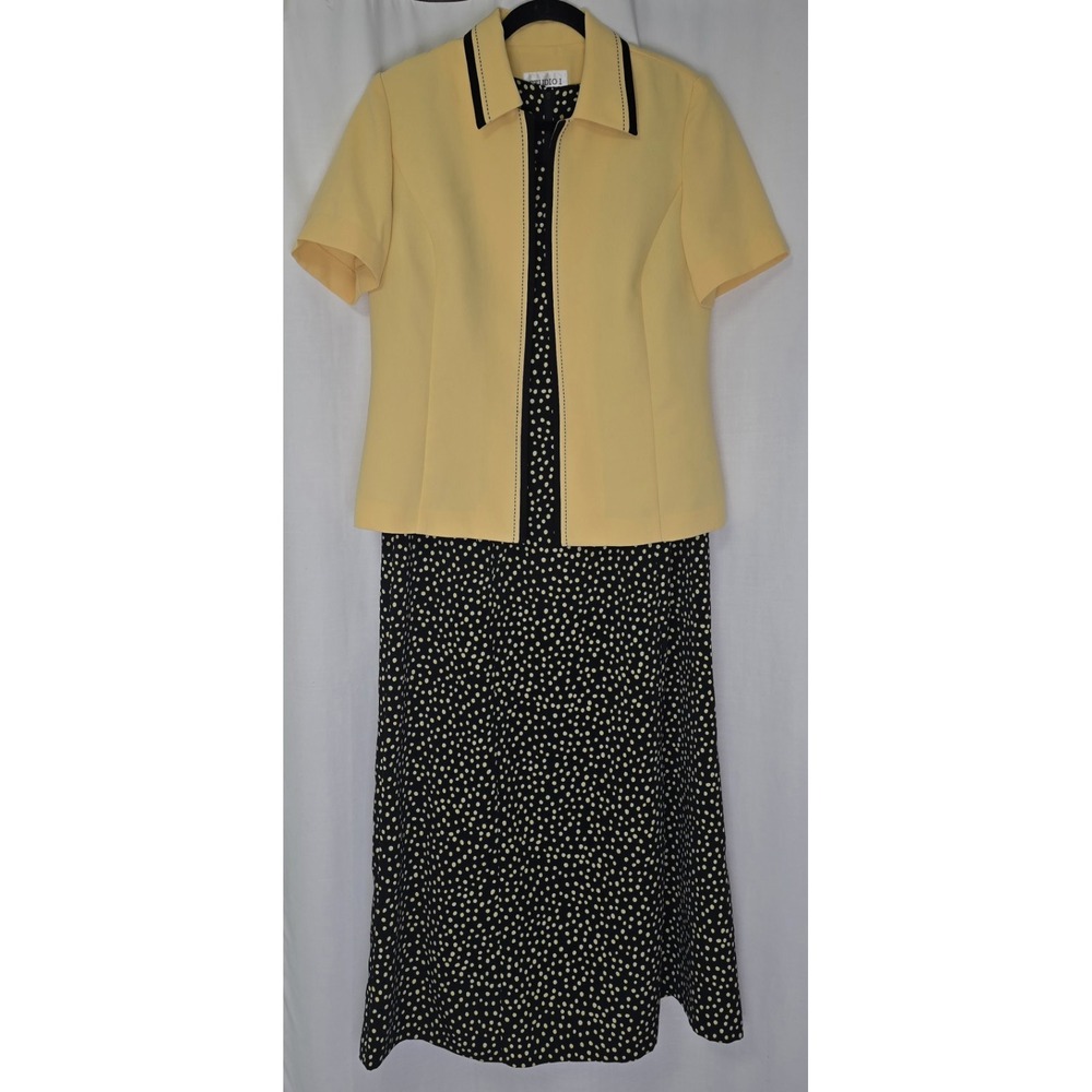 Vtg STUDIO 1 Women Sz 8 Dress Suit Jacket 2 Piece Yellow Black Polka Dot‎ Sheath